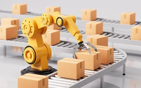 Mechanical arms carry boxes, Assembly line and mechanical operation, 3d ren.. Stock Illustration