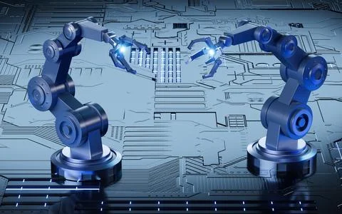 Mechanical arms in the sci-tech background, 3d rendering. Stock Illustration