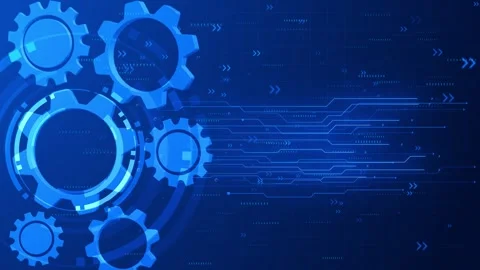 Mechanical automation circuit visual cog shapes, flowing data lines, grid textur Stock Footage 340528521