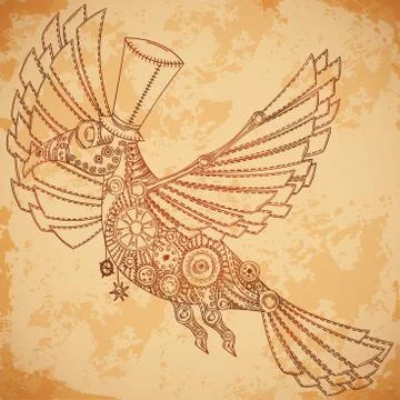 Mechanical bird in steampunk style on aged paper background. Stock Illustration