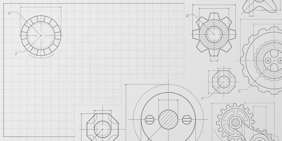 Mechanical blueprint pattern on white grid Stock Illustration