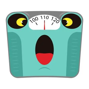 Mechanical body weight scale with high weight on the dial and scared face.  Stock Illustration