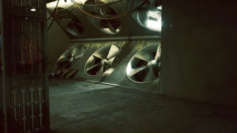 Mechanical chamber showcasing reflective blades and circular ventilation systems Stock Footage 331396937