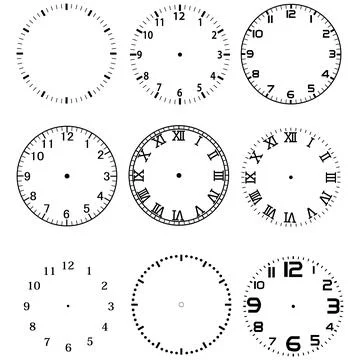 Mechanical clock face dials template set on white background. Stock Illustration
