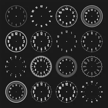 Mechanical clock faces with arabic numerals, bezel. White watch dial with minute Illustrazione stock