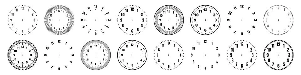 Mechanical clock faces with arabic numerals, bezel. Watch dial with minute, hour Stock Illustration