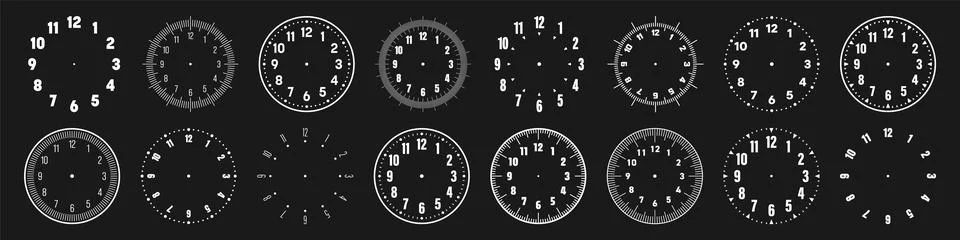 Mechanical clock faces with arabic numerals, bezel. White watch dial with minute Stock Illustration