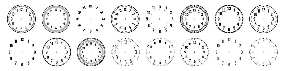 Mechanical clock faces with arabic numerals, bezel. Watch dial with minute, hour Stock Illustration
