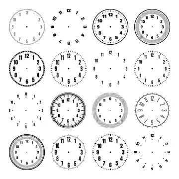 Mechanical clock faces with arabic numerals, bezel. Watch dial with minute, hour Stock Illustration