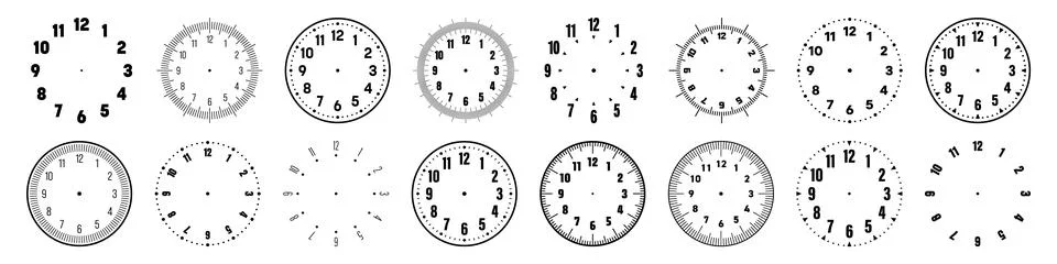 Mechanical clock faces with arabic numerals, bezel. Watch dial with minute, hour Stock Illustration