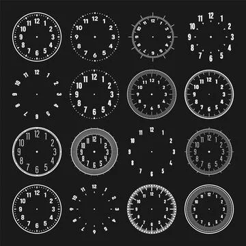 Mechanical clock faces with arabic numerals, bezel. White watch dial with minute Stock Illustration