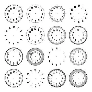 Mechanical clock faces with arabic numerals, bezel. Watch dial with minute, hour Stock Illustration