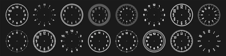 Mechanical clock faces with arabic numerals, bezel. White watch dial with minute Stock Illustration