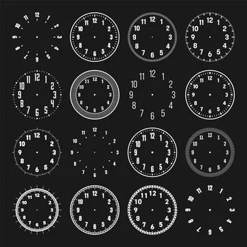 Mechanical clock faces with arabic numerals, bezel. White watch dial with minute Illustrazione stock