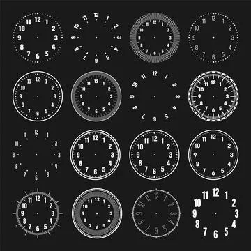 Mechanical clock faces with arabic numerals, bezel. White watch dial with minute Stock Illustration