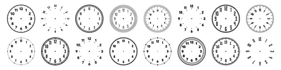 Mechanical clock faces with arabic numerals, bezel. Watch dial with minute, hour Stock Illustration