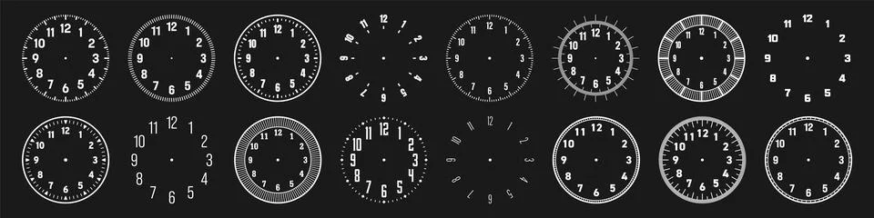 Mechanical clock faces with arabic numerals, bezel. White watch dial with minute Stock Illustration