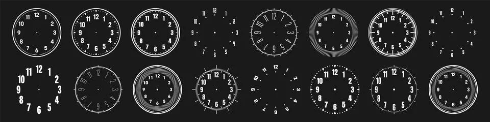 Mechanical clock faces with arabic numerals, bezel. White watch dial with minute Illustrazione stock