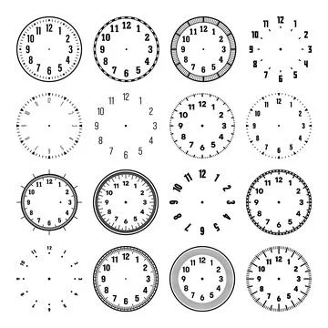 Mechanical clock faces with arabic numerals, bezel. Watch dial with minute, hour Illustrazione stock