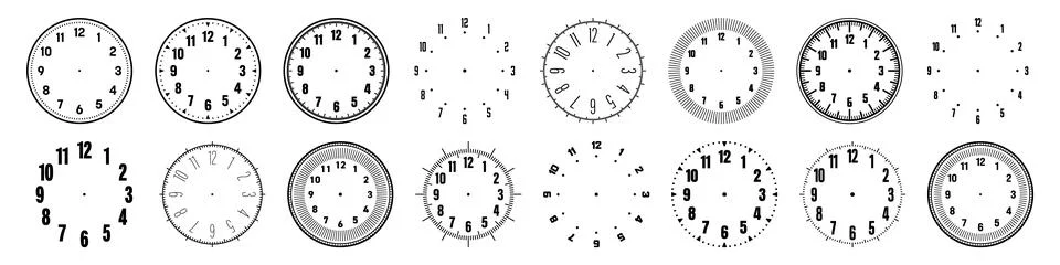 Mechanical clock faces with arabic numerals, bezel. Watch dial with minute, hour Stock Illustration