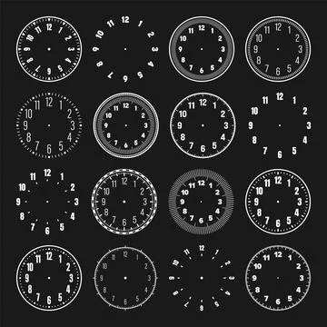 Mechanical clock faces with arabic numerals, bezel. White watch dial with minute Illustrazione stock