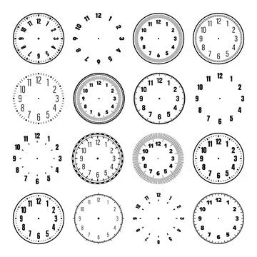 Mechanical clock faces with arabic numerals, bezel. Watch dial with minute, hour Stock Illustration
