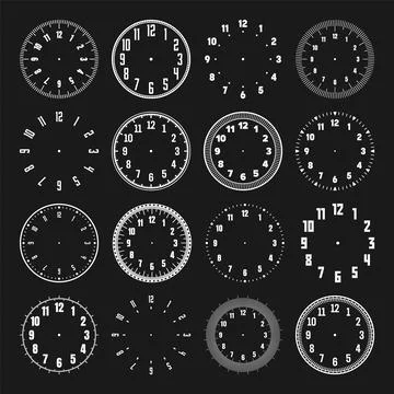 Mechanical clock faces with arabic numerals, bezel. White watch dial with minute Stock Illustration