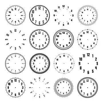 Mechanical clock faces with arabic numerals, bezel. Watch dial with minute, hour Stock Illustration
