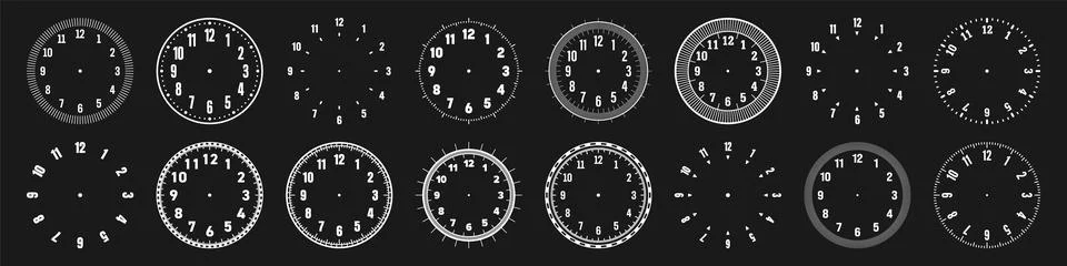 Mechanical clock faces with arabic numerals, bezel. White watch dial with minute Stock Illustration