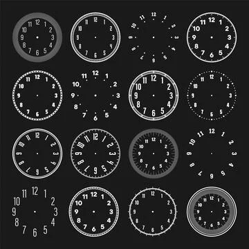 Mechanical clock faces with arabic numerals, bezel. White watch dial with minute Stock Illustration