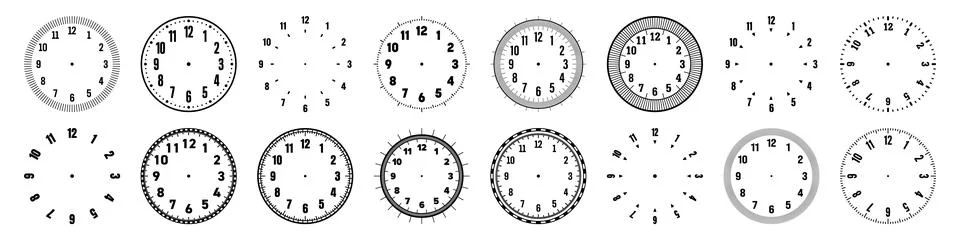Mechanical clock faces with arabic numerals, bezel. Watch dial with minute, hour Stock Illustration