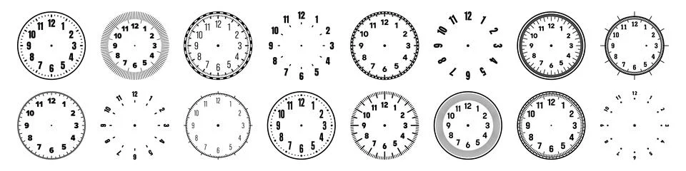 Mechanical clock faces with arabic numerals, bezel. Watch dial with minute, hour Stock Illustration