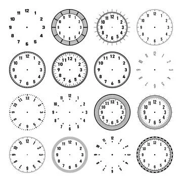 Mechanical clock faces with arabic numerals, bezel. Watch dial with minute, hour Illustrazione stock