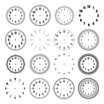 Mechanical clock faces with arabic numerals, bezel. Watch dial with minute, hour Stock Illustration