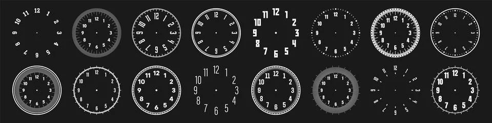 Mechanical clock faces with arabic numerals, bezel. White watch dial with minute Stock Illustration