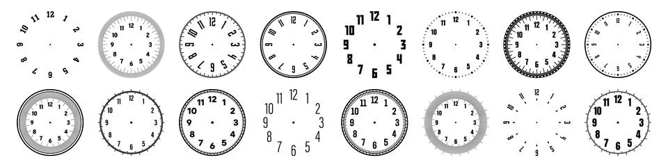 Mechanical clock faces with arabic numerals, bezel. Watch dial with minute, hour Illustrazione stock