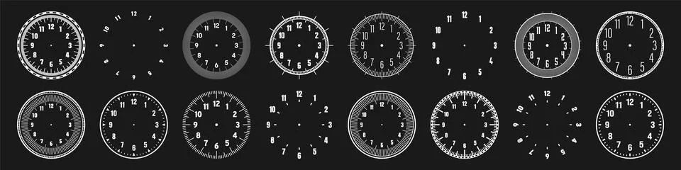 Mechanical clock faces with arabic numerals, bezel. White watch dial with minute Stock Illustration