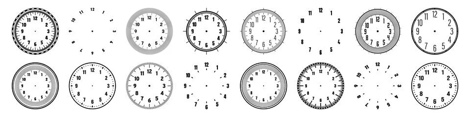 Mechanical clock faces with arabic numerals, bezel. Watch dial with minute, hour Illustrazione stock