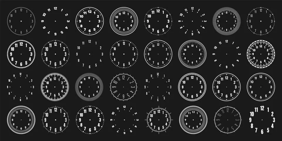 Mechanical clock faces with arabic numerals, bezel. White watch dial with minute Stock Illustration