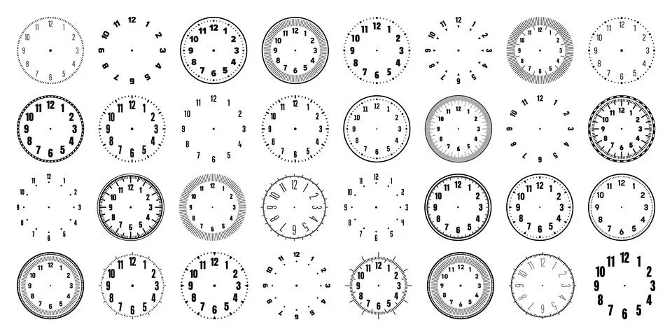 Mechanical clock faces with arabic numerals, bezel. Watch dial with minute, hour Stock Illustration