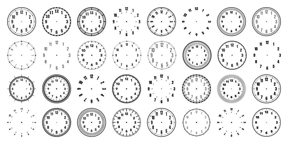 Mechanical clock faces with arabic numerals, bezel. Watch dial with minute, hour Illustrazione stock