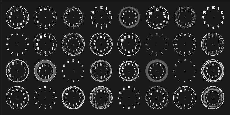 Mechanical clock faces with arabic numerals, bezel. White watch dial with minute Stock Illustration
