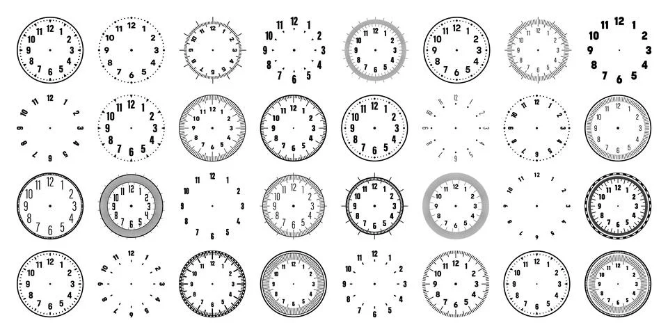 Mechanical clock faces with arabic numerals, bezel. Watch dial with minute, hour Stock Illustration