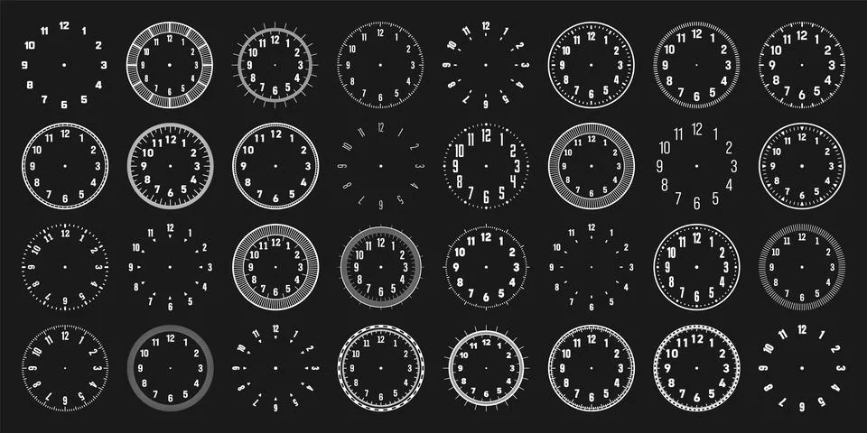 Mechanical clock faces with arabic numerals, bezel. White watch dial with minute Illustrazione stock