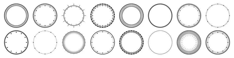 Mechanical clock faces, bezel. Watch dial with minute and hour marks. Timer or Stockillustratie
