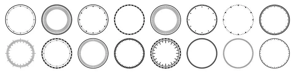 Mechanical clock faces, bezel. Watch dial with minute and hour marks. Timer or Illustrazione stock