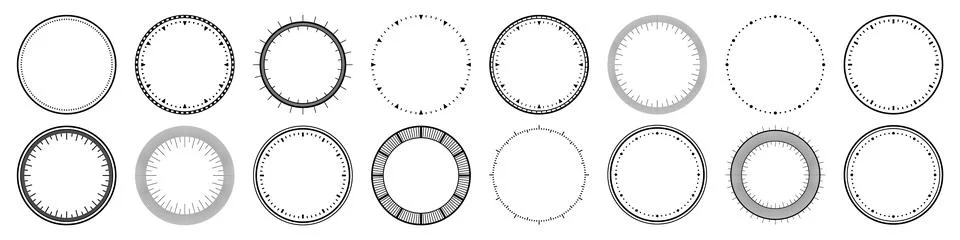 Mechanical clock faces, bezel. Watch dial with minute and hour marks. Timer or Stock Illustration
