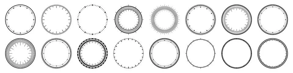 Mechanical clock faces, bezel. Watch dial with minute and hour marks. Timer or Stock Illustration