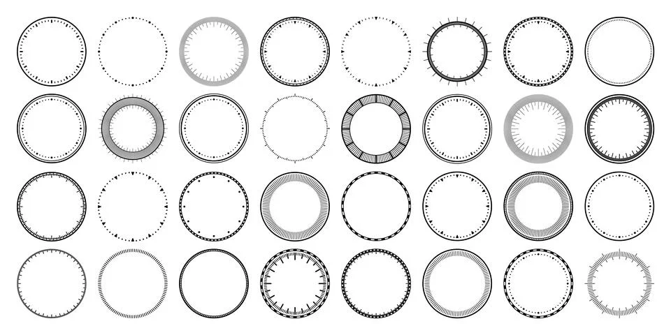 Mechanical clock faces, bezel. Watch dial with minute and hour marks. Timer or Stock Illustration