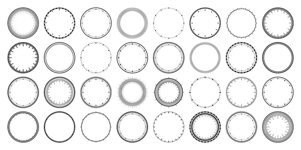 Mechanical clock faces, bezel. Watch dial with minute and hour marks. Timer or Stock Illustration